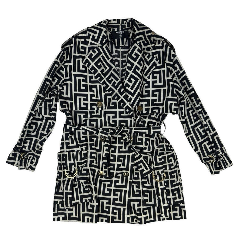 Balmain Monogram Belted Short Trench Coat Black Ivory Size 36 | S